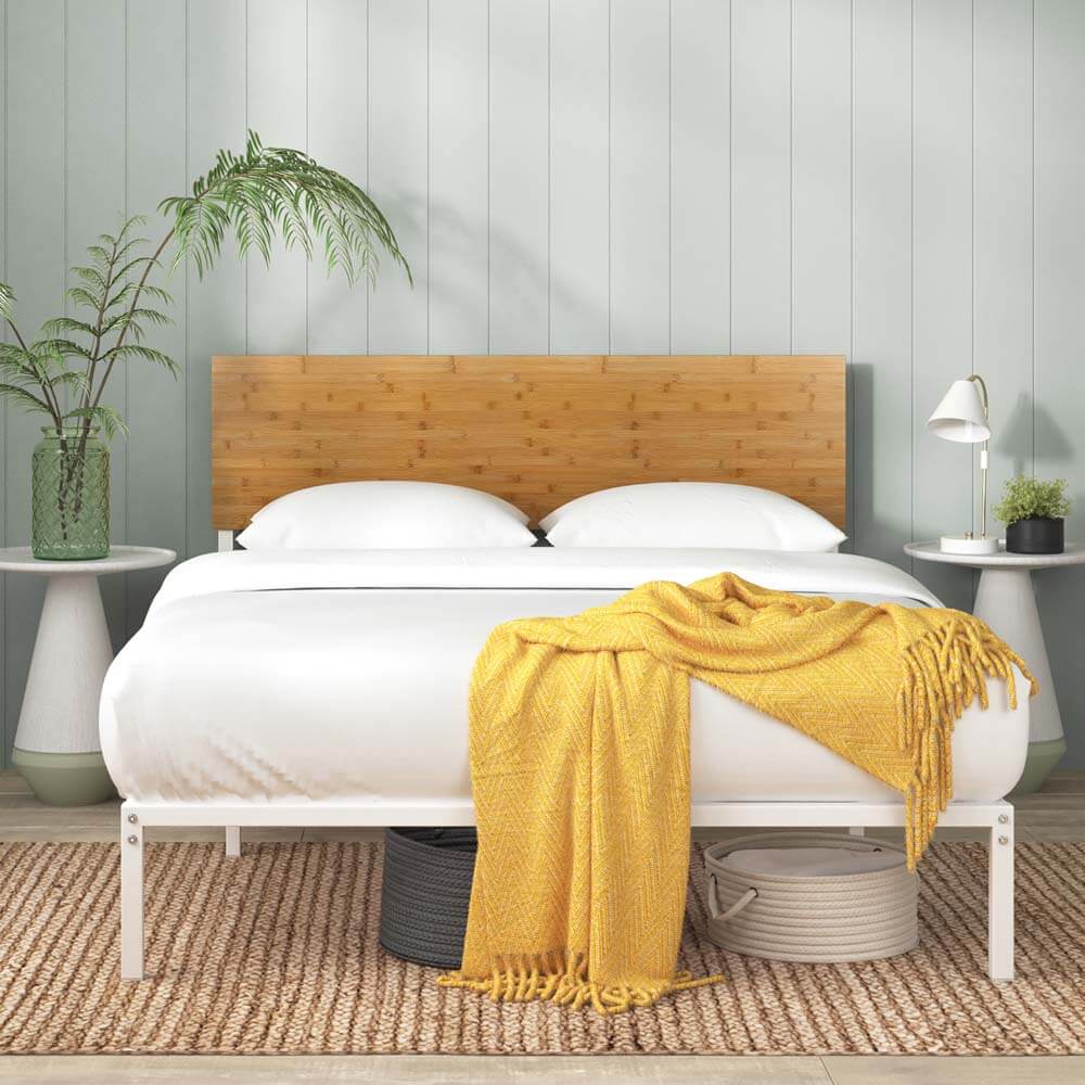 Figari Metal and Bamboo White Bed Frame Single