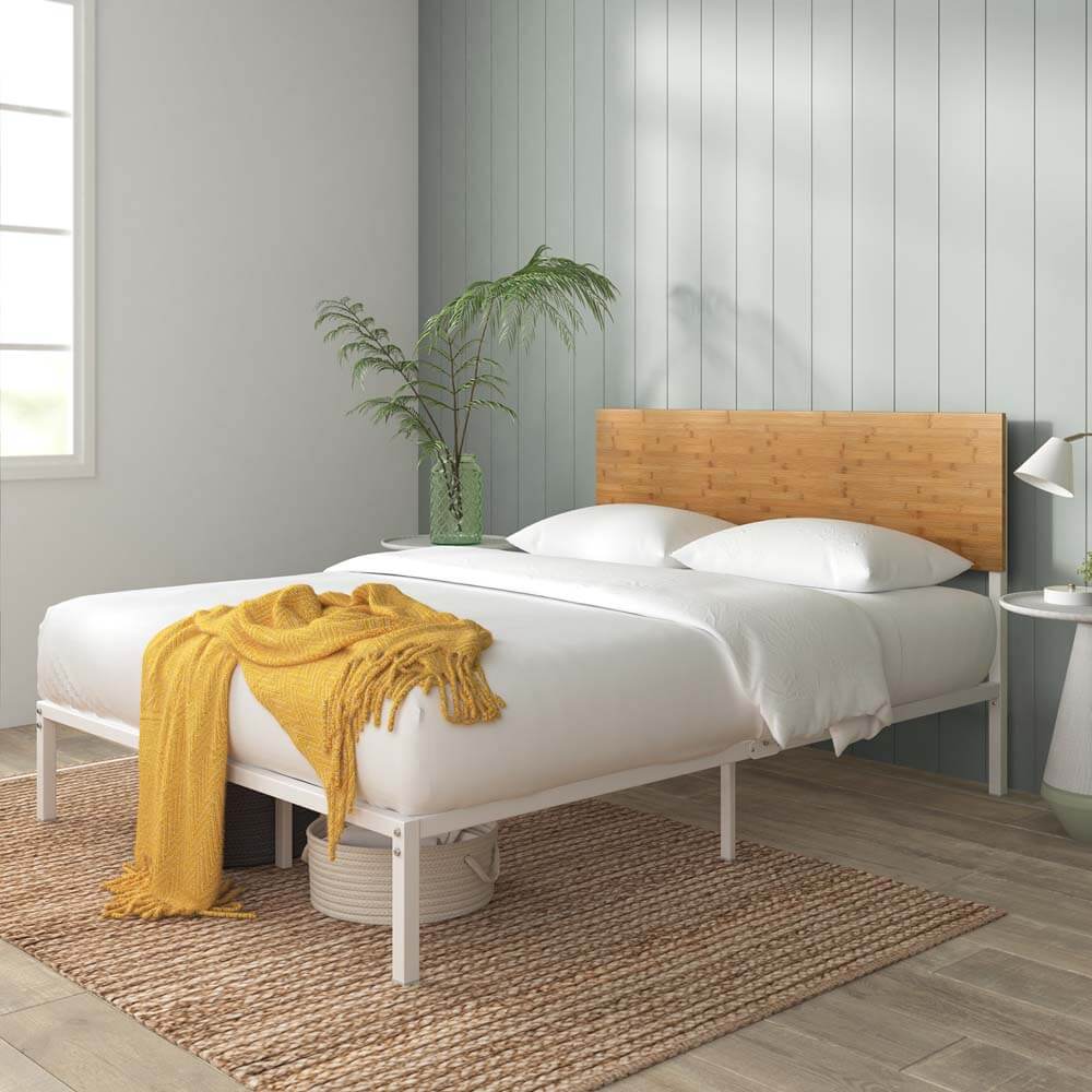 Figari Metal and Bamboo White Bed Frame Single