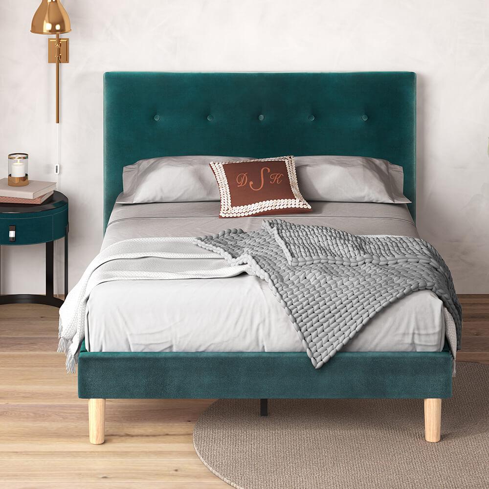 Coco Upholstered Queen Bed Frame Dark Green