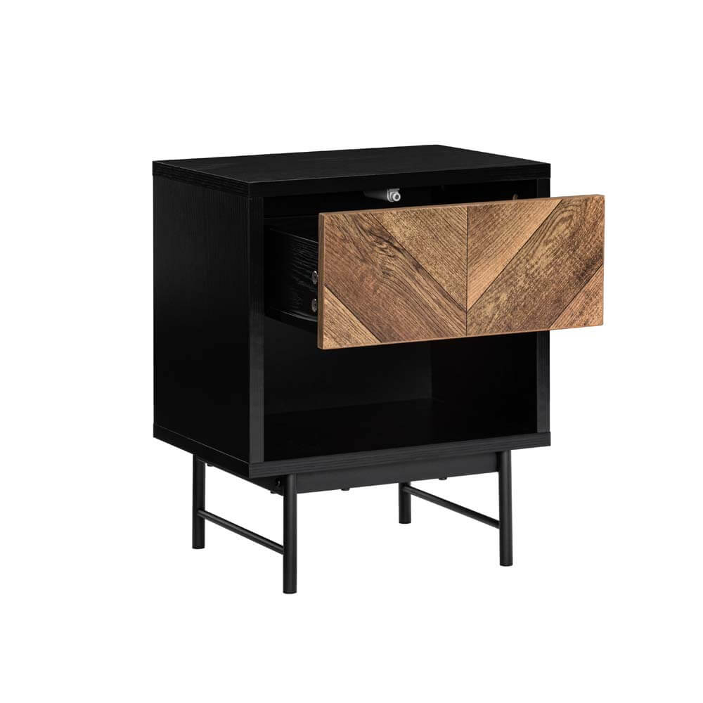 Verona Bedside Side Table 1 drawer woodgrain and black