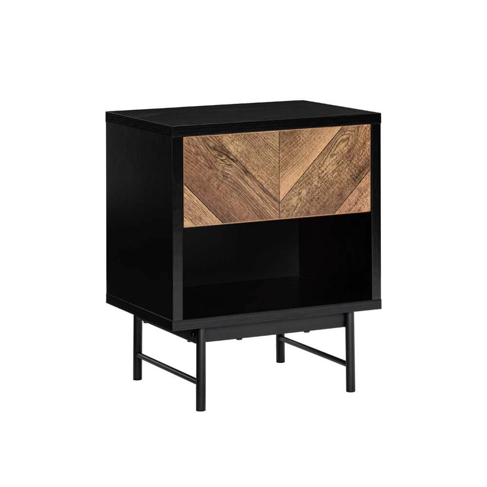 Verona Bedside Side Table 1 drawer woodgrain and black