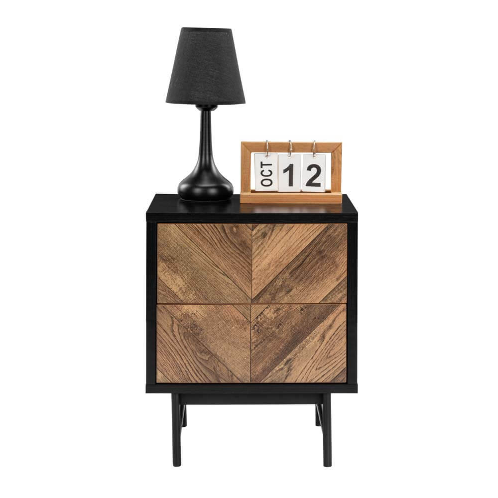 Verona Bedside Side Table 2 drawers woodgrain and black