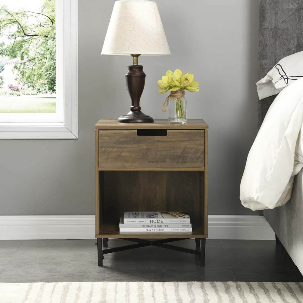 Austin Bedside Table 1 Drawer Industrial Side Table Nightstand woodgrain and black