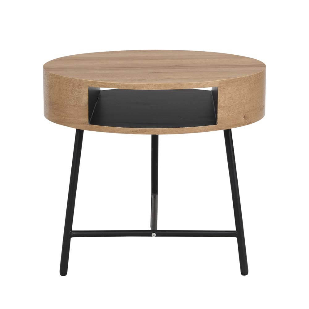 Alana Side Table Bedside Unit round oak woodgrain and black