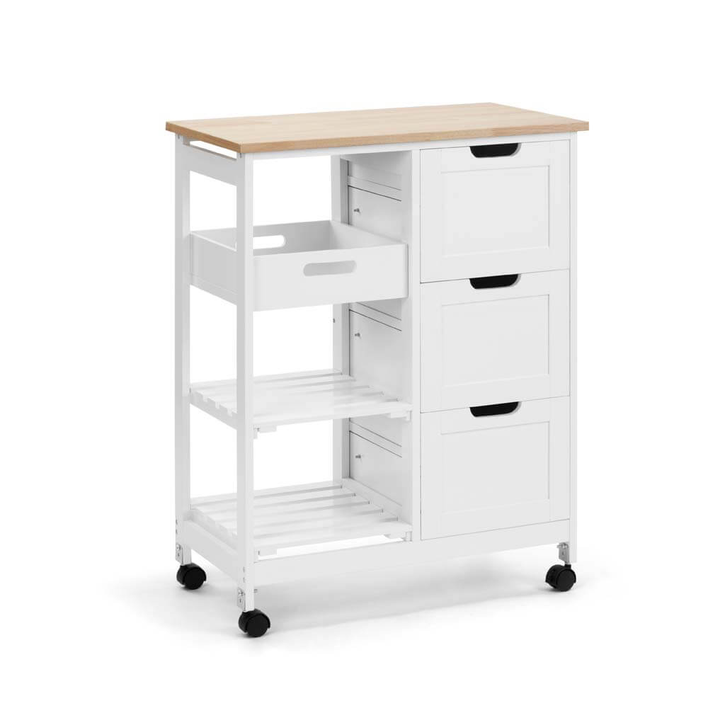 Mobile Kitchen Trolley Drinks Caddy 3 drawers 2 shelves white and woodgrain